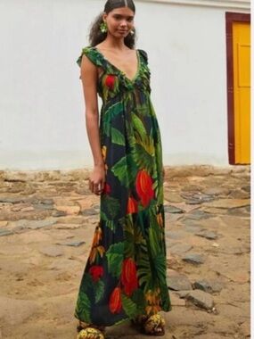 Farm Rio Cocoa Forest V-Neck Maxi Dress